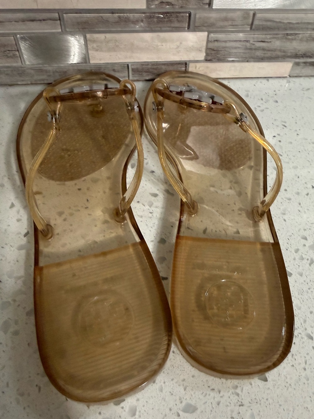 Tory Burch Clear Jelly Thong Sandals Ankle Strap Logo Buckle Womens US 7 - Picture 2 of 5